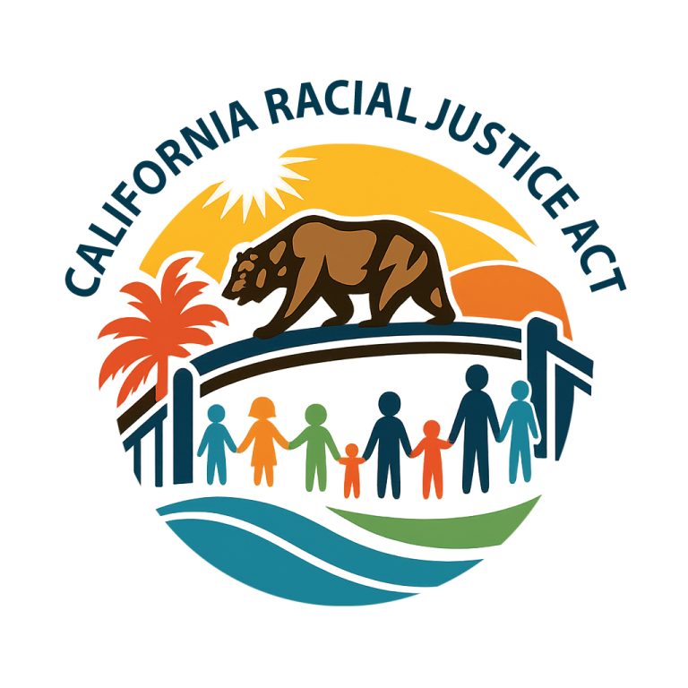 California Racial Justice Act logo with a bear, diverse figures holding hands, palm tree, sun, and ocean waves