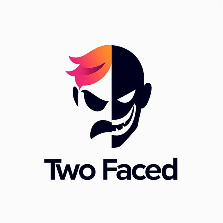 Two Faced logo featuring a split dark face with orange-pink hair on one side and a sinister grin