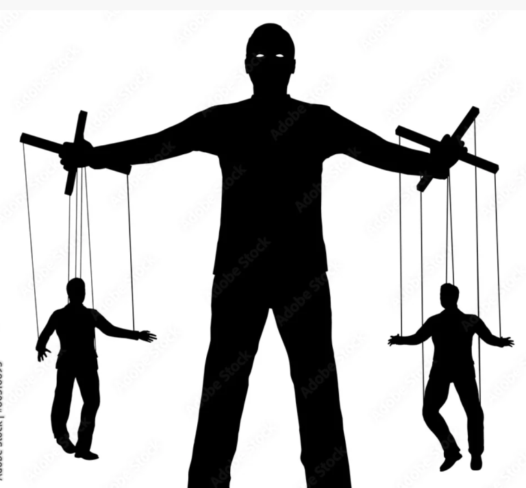 Silhouette of a large figure controlling two smaller human marionettes with puppet strings, symbolizing manipulation and control