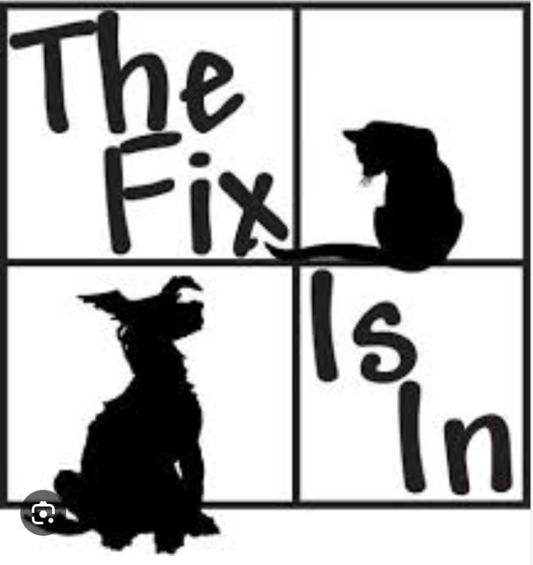 The Fix Is In logo with silhouettes of a cat and dog