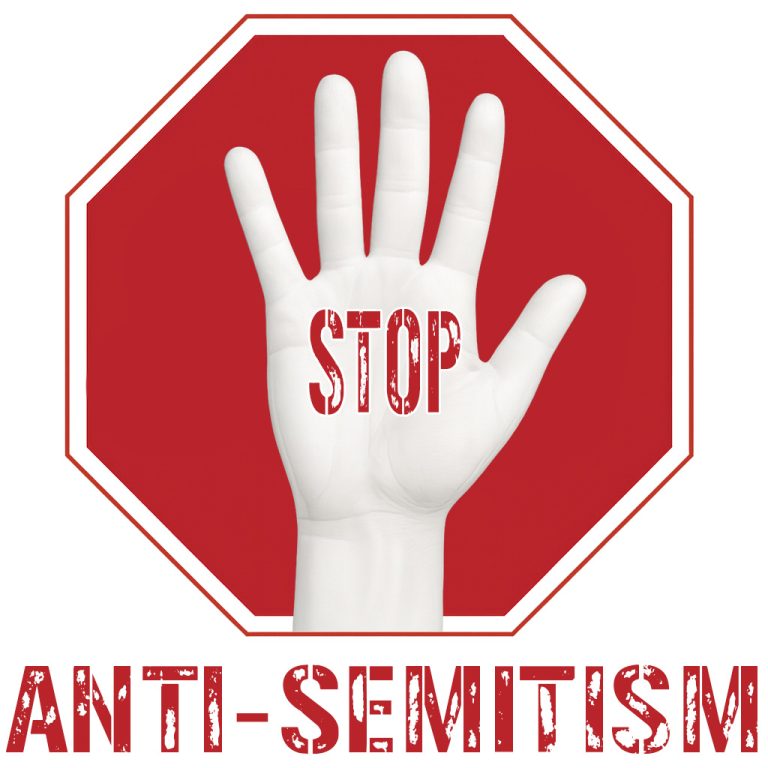 Stop anti-semitism graphic showing a raised hand inside a red octagonal stop sign