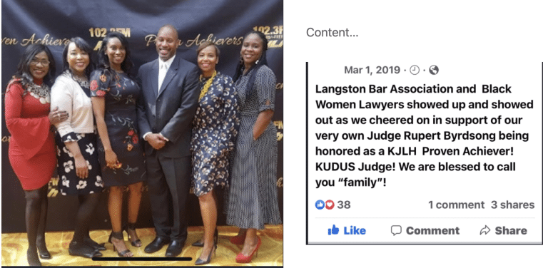 Facebook post from March 1, 2019 showing Judge Rupert Byrdsong with Langston Bar Association and Black Women Lawyers members at a KJLH Proven Achievers event