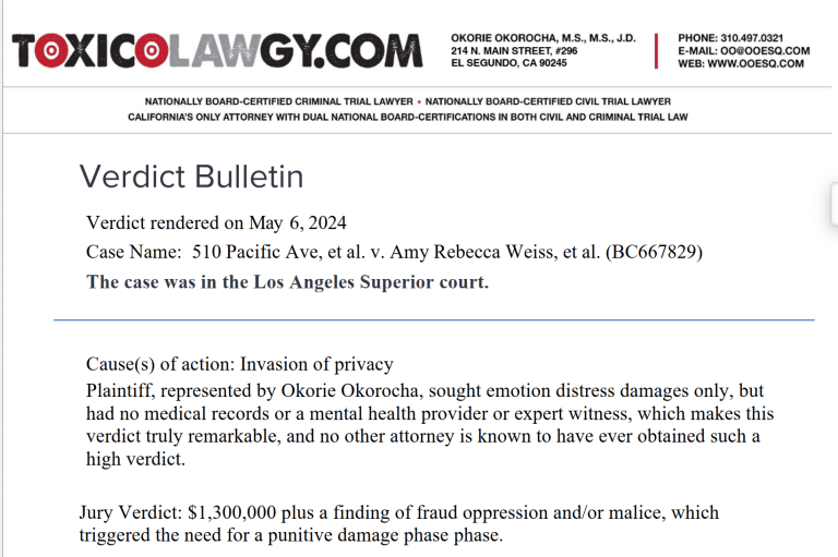 Toxicology.com verdict bulletin: invasion of privacy case BC667829 resulted in a $1,300,000 jury verdict on May 6, 2024, in Los Angeles Superior Court