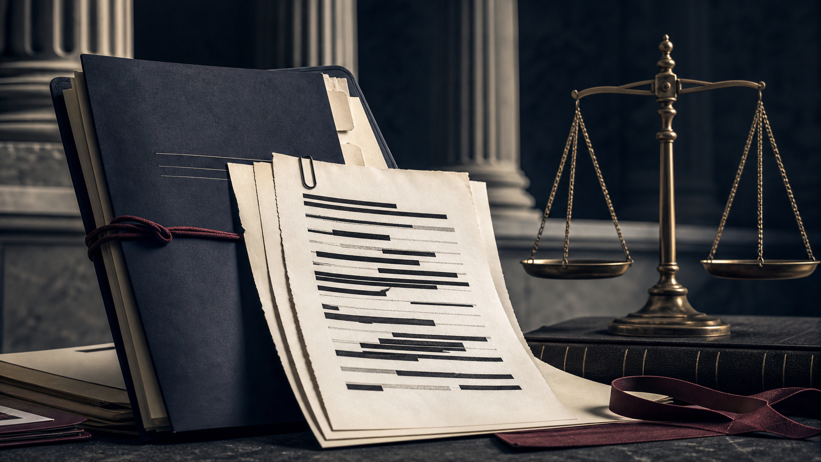 Redacted judicial performance record beside courthouse scales