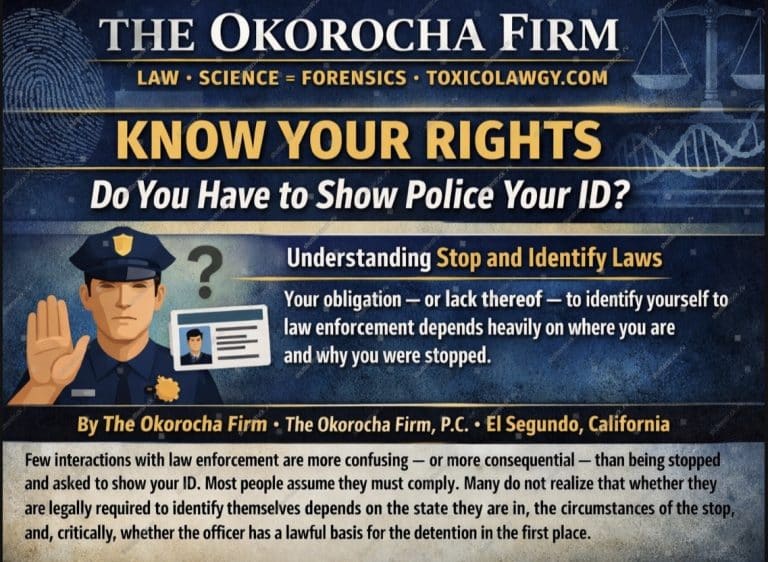 The Okorocha Firm infographic: Know Your Rights — Do You Have to Show Police Your ID? Your obligation to identify yourself depends on where you are and why you were stopped