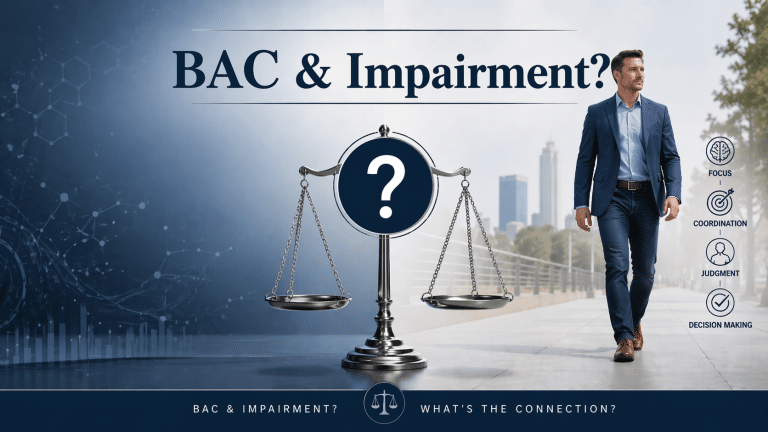 Infographic asking "BAC & Impairment? What's the Connection?" featuring a scale and icons for focus, coordination, judgment, and decision making