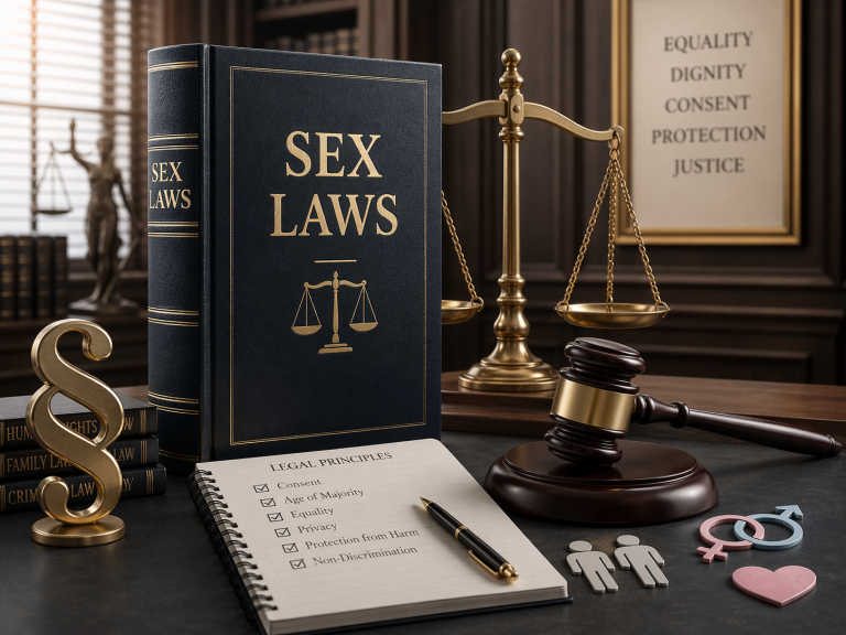 Legal desk display featuring a Sex Laws book, scales of justice, gavel, and a checklist of legal principles including Consent, Equality, and Privacy