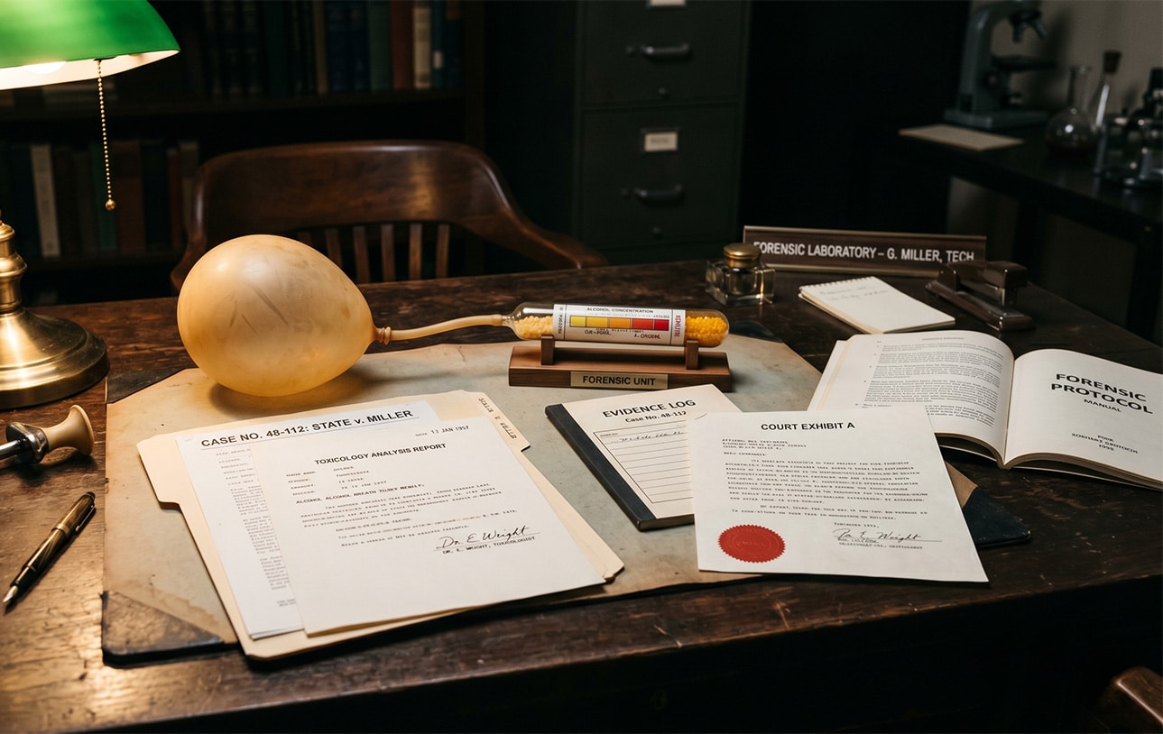 Vintage forensic breath-alcohol detector tube and balloon test displayed with legal evidence documents.