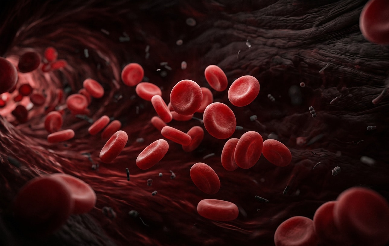 Red blood cells flowing through the bloodstream with microbes in the background