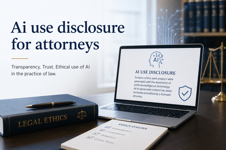 AI use disclosure for attorneys: transparency, trust, and ethical use of AI in the practice of law, with a laptop showing an AI disclosure statement, a Legal Ethics book, and a checklist noting transparency, competence, diligence, and client trust