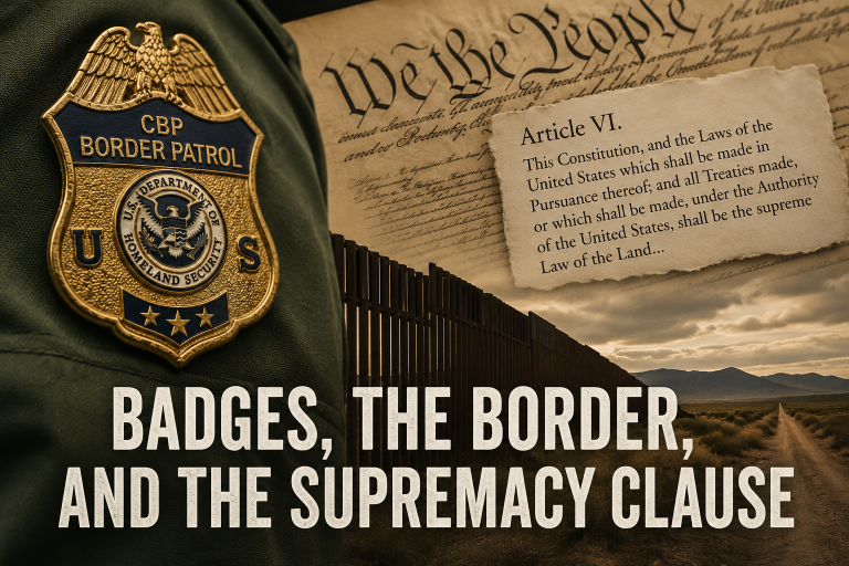 Badges, the Border, and the Supremacy Clause — CBP Border Patrol badge alongside the U.S. Constitution's Article VI and a border fence