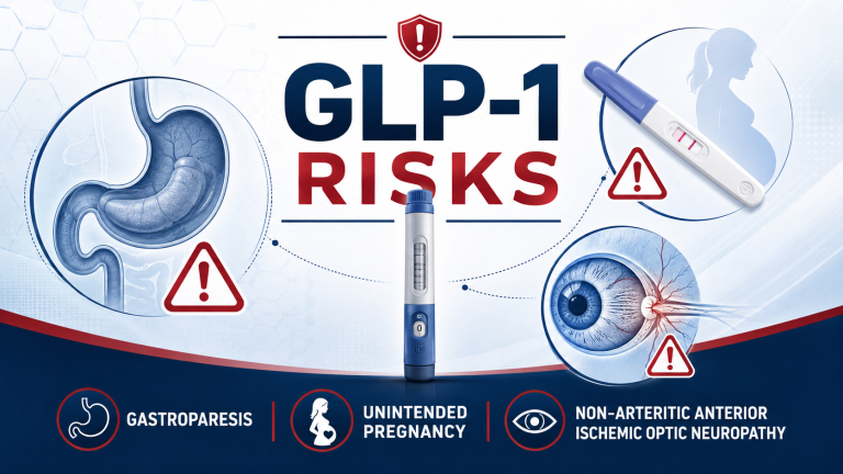 Infographic showing GLP-1 risks: gastroparesis, unintended pregnancy, and non-arteritic anterior ischemic optic neuropathy, illustrated with a GLP-1 pen injector