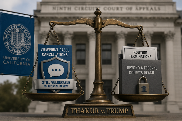 Scales of justice labeled Thakur v. Trump outside the Ninth Circuit Court of Appeals, weighing viewpoint-based cancellations still vulnerable to judicial review against routine terminations beyond a federal court's reach, with a University of California banner visible