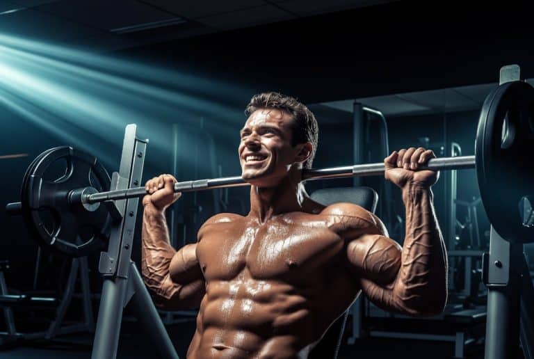 Muscular man smiling while performing a barbell shoulder press in a gym