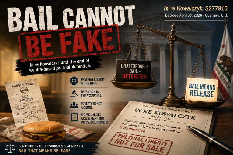Infographic on In re Kowalczyk, S277910: bail cannot be fake; unaffordable bail equals detention; pretrial liberty is the rule; poverty is not a crime