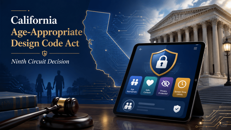 California Age-Appropriate Design Code Act: Ninth Circuit Decision, illustrated with a gavel, law books, courthouse, and tablet showing child safety features