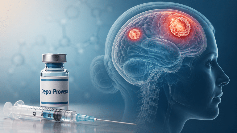 Depo-Provera vial and syringe next to an X-ray illustration of a human head showing brain tumors highlighted in red