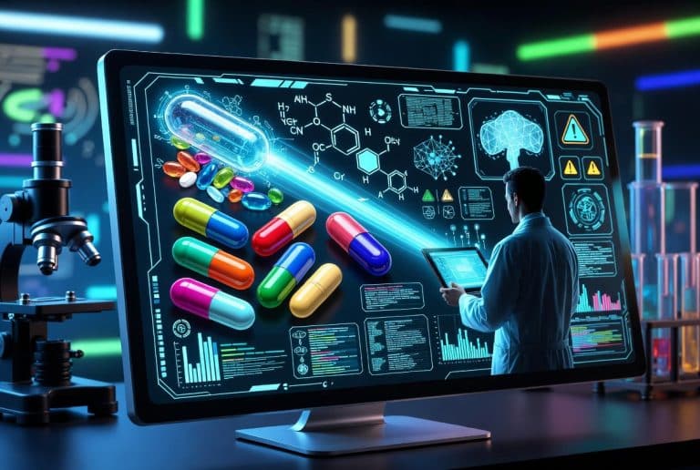 Scientist reviewing a futuristic digital display of colorful pills, capsules, chemical structures, and data charts in a high-tech lab