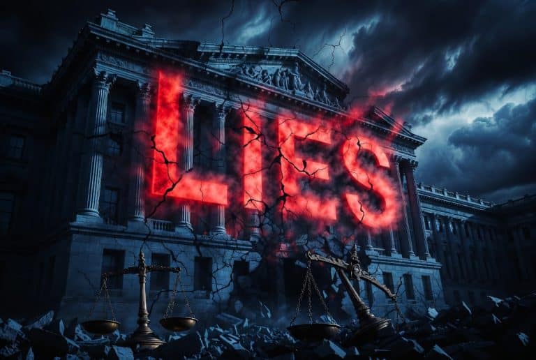 Dramatic illustration of a crumbling government building with the word LIES in glowing red letters, surrounded by broken scales of justice and a stormy sky