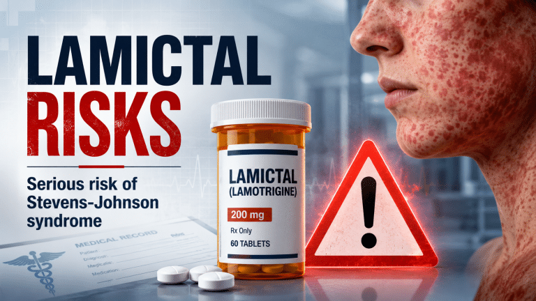 Lamictal Risks: serious risk of Stevens-Johnson syndrome, showing a Lamictal (lamotrigine) 200 mg pill bottle, warning symbol, and a person with a facial rash