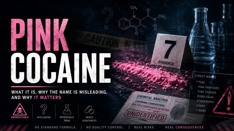 Infographic about pink cocaine (Tusi): unpredictable, misleading name, potentially toxic mixed substances with no standard formula or quality control