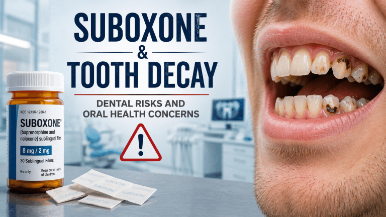 Suboxone and Tooth Decay: Dental Risks and Oral Health Concerns — showing a Suboxone bottle, sublingual film strips, and severely decayed teeth