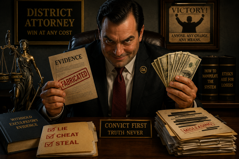 AI-generated illustration of a corrupt district attorney holding fabricated evidence and cash, surrounded by signs promoting deception and misconduct