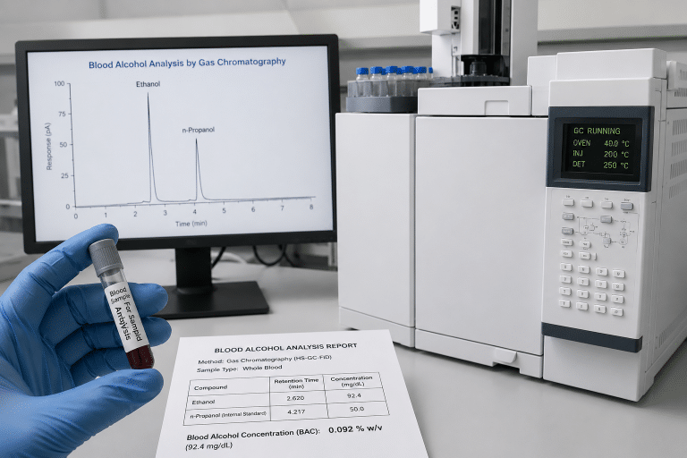 Lab technician holding a blood sample vial next to a gas chromatography machine, with a chromatogram on screen and a Blood Alcohol Analysis Report showing a BAC of 0.092% w/v