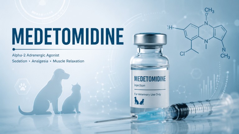 Medetomidine injection vial for veterinary use only; an alpha-2 adrenergic agonist used for sedation, analgesia, and muscle relaxation in dogs and cats