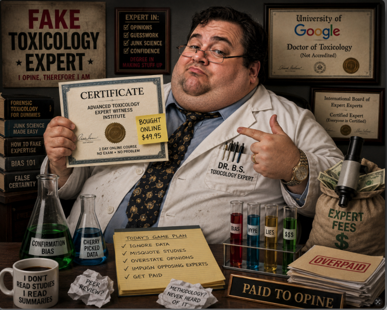 Satirical illustration of a fake toxicology expert labeled Dr. B.S., surrounded by bogus credentials, junk science books, and a game plan to ignore data and get paid