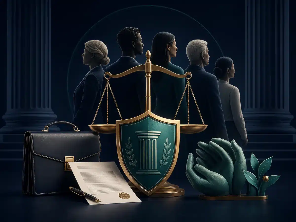 Civil clients represented with scales of justice and legal documents