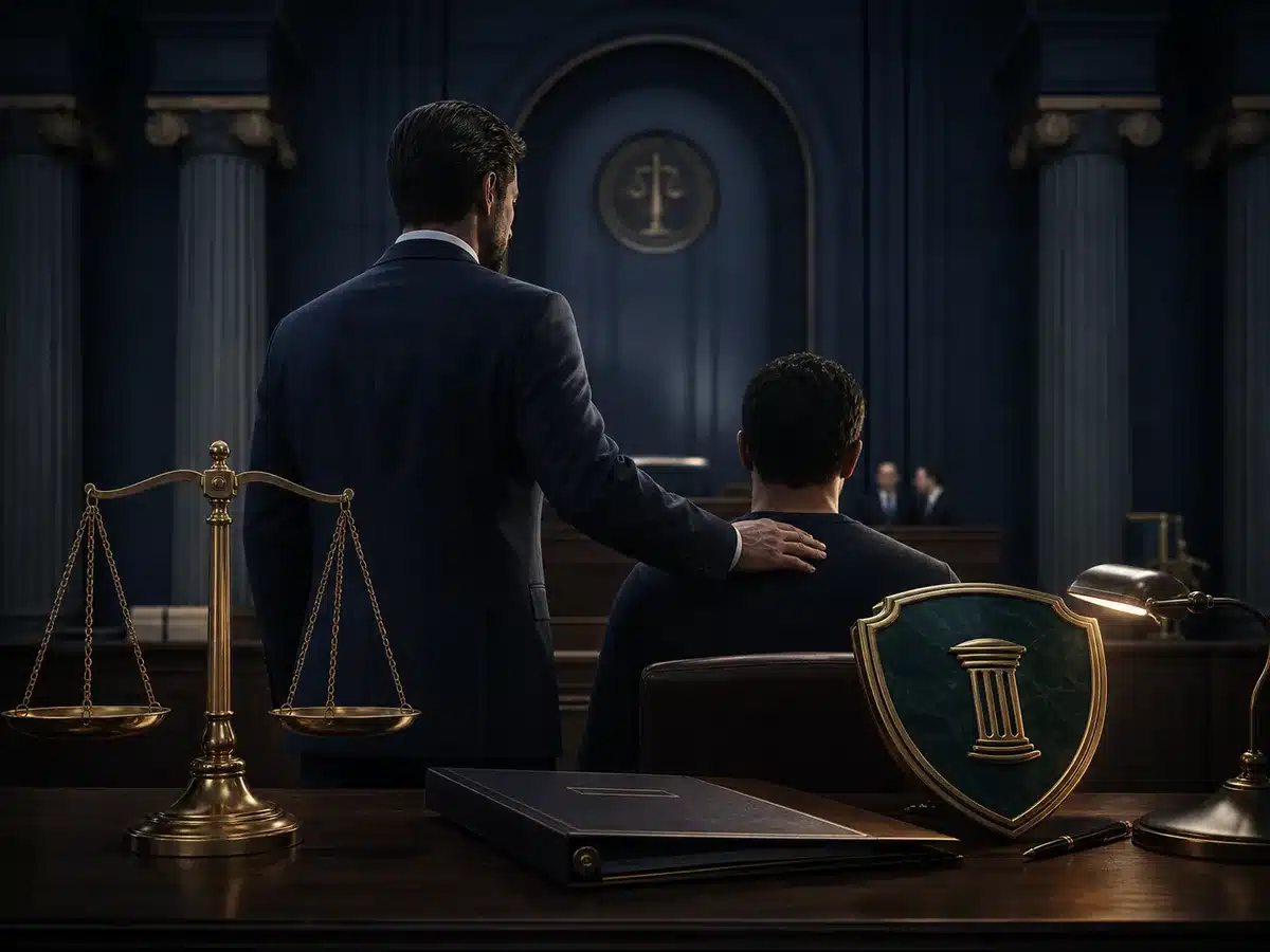Attorney beside a client in a courtroom