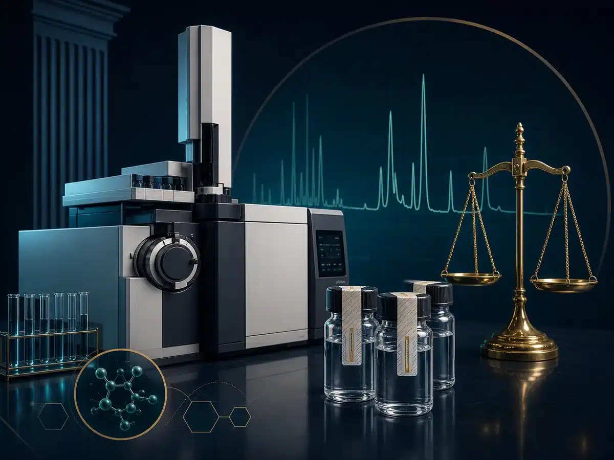 Laboratory instrument, sample vials, and scales of justice