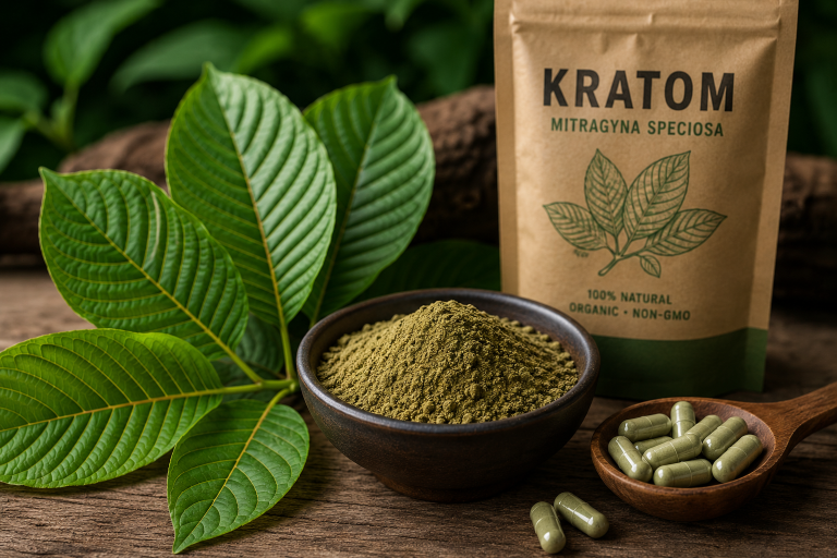Kratom (Mitragyna speciosa) leaves, green powder in a bowl, capsules on a wooden spoon, and a kraft bag labeled 100% Natural, Organic, Non-GMO