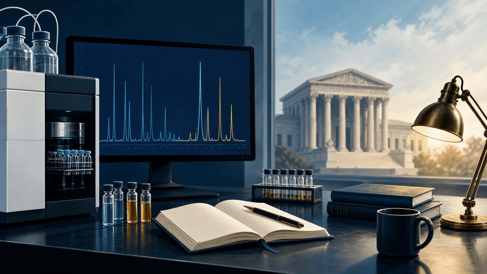 Forensic toxicology laboratory with chromatogram, evidence vials, legal books, and courthouse
