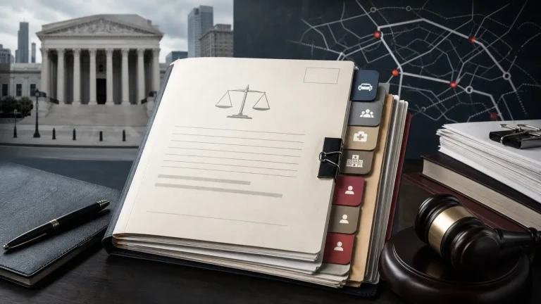 Court case file, California courthouse, road map, and gavel illustrating Beale v. DMV