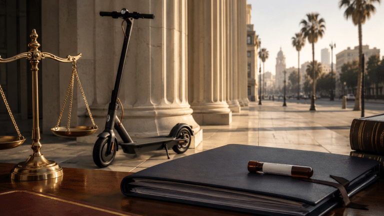 Electric motorized scooter outside a California courthouse with legal scales and a forensic blood sample