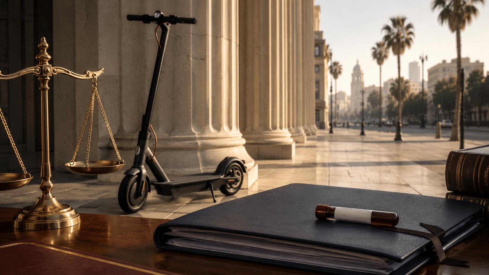 Electric motorized scooter outside a California courthouse with legal scales and a forensic blood sample