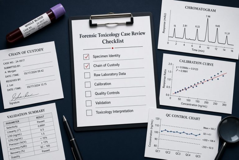 Forensic toxicology case review checklist for laboratory and evidentiary analysis