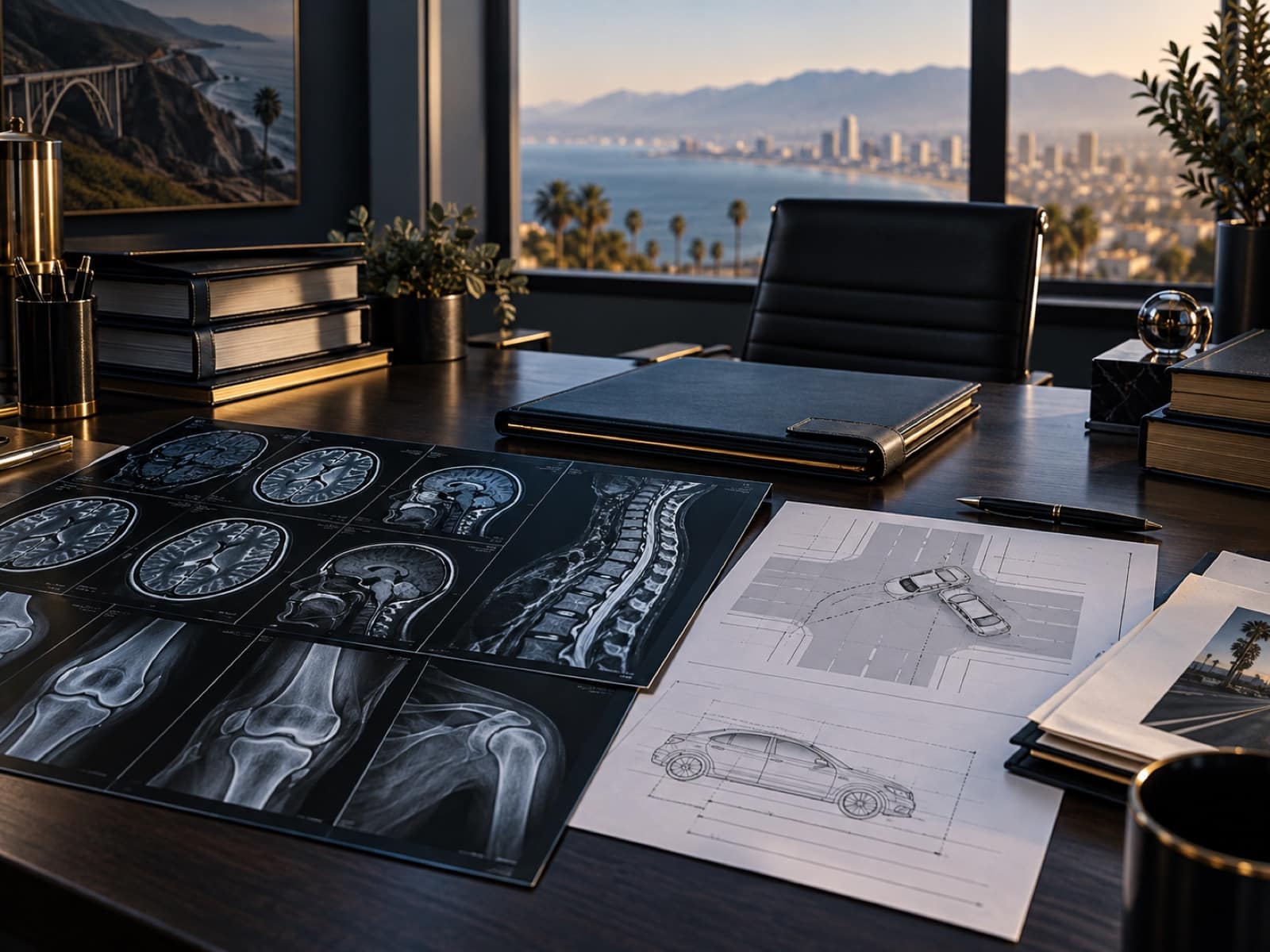Medical imaging and accident reconstruction materials organized for complex civil case review