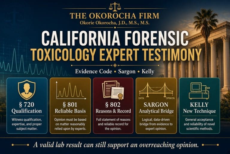 California forensic toxicology expert testimony under Evidence Code, Sargon, and Kelly